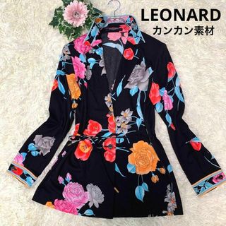 LEONARD - 370美品◇レオナール:M カンカン素材 ジャケット 花柄 薔薇