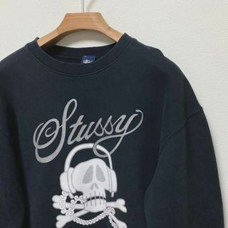 USA製紺タグ90s OLD STUSSY スカルプリントロゴ刺繍スウェットL