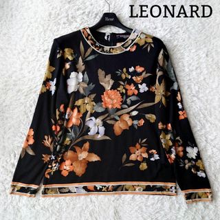 レオナール(LEONARD)のレオナール 花柄 長袖 カットソー シルク混 L フラワープリント 黒 日本製(Tシャツ(長袖/七分))