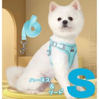 犬　ハーネス&リード　セット　Ｓ　ブルー　夏用　通気性良し　散歩　ドッグラン(犬)