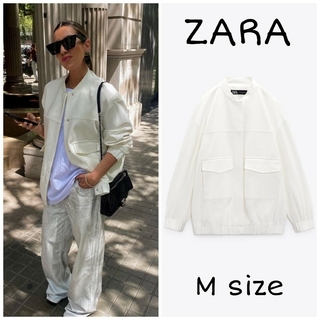 ザラ(ZARA)のZARA　リネンブレンド ロングライン ボンバージャケット　Mサイズ　ホワイト(ブルゾン)