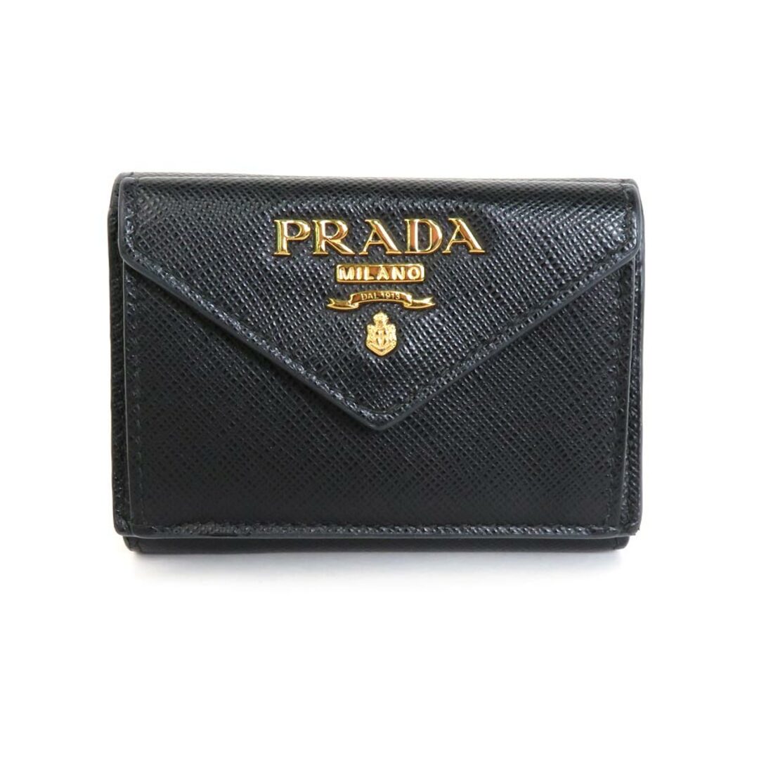 プラダ PRADA 三つ折り財布 レザー ブラック ゴールド ユニセックス 送料無料 e56454a