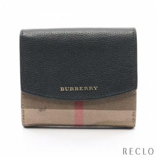 バーバリー(BURBERRY)のハウスチェック 二つ折り財布 Wホック財布 キャンバス レザー ベージュ ブラック(財布)