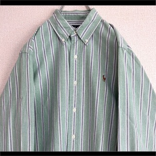 アメリカ　ラルフローレンホース刺繍ロゴ長袖ツイルストライプBDシャツ　L白緑