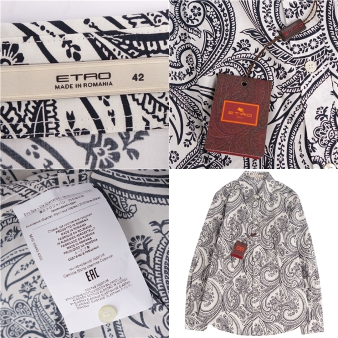 未使用 エトロ ETRO シャツ ブラウス ロングスリーブ 総柄 ペイズリー柄 コットン トップス レディース 42(M相当) ホワイト/ブラック 6