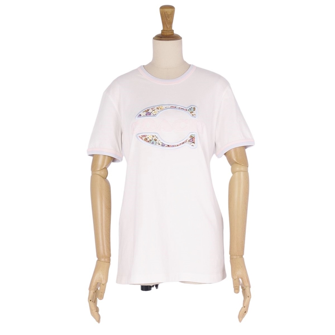 美品 コーチ COACH Tシャツ カットソー 半袖 ショートスリーブ ロゴ柄 花柄 トップス レディース XS ホワイト/ライトブルー