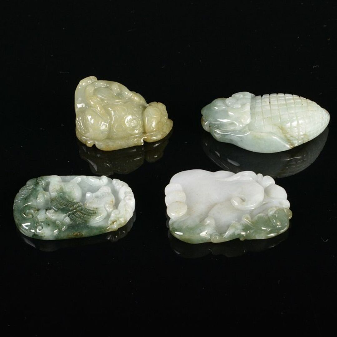 中国 玉石翡翠玉彫刻 とうもろこし 蛙など 根付 玉器 4点 C