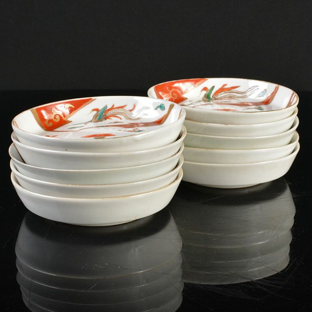 伊万里焼 古伊万里 赤絵金彩 鳥蒲公英文 小皿 十客 時代箱付 C