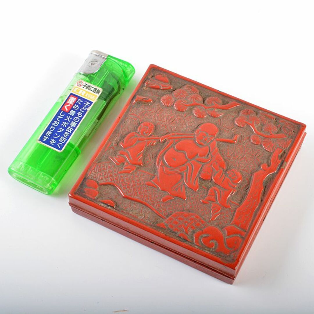 中国 剔紅 堆朱 山水人物文 四方 肉池 朱肉入 D R6177 中国 剔紅 堆朱 山水人物文 四方 肉池 朱肉入 D R6177