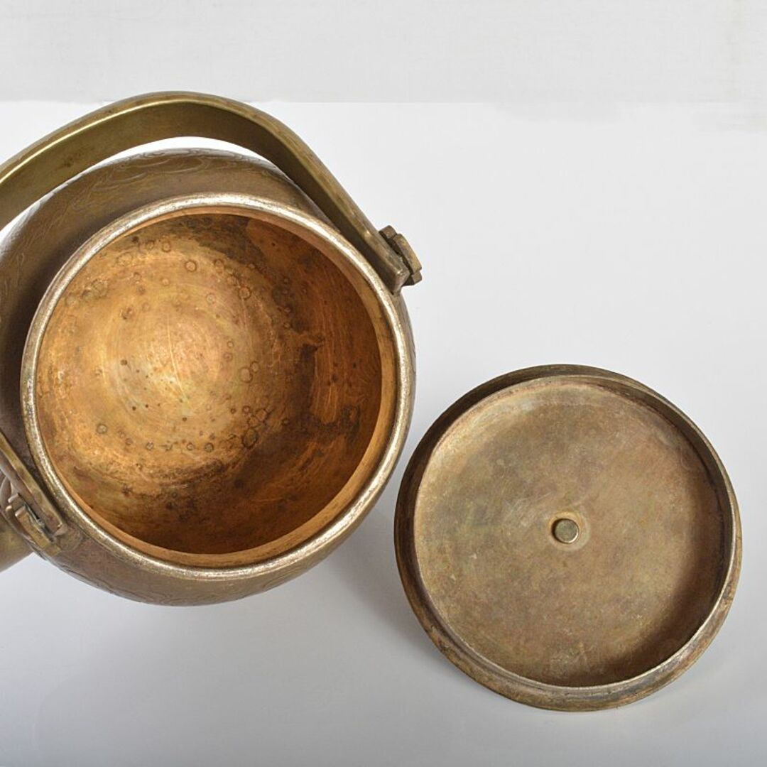 錆びている箇所が見受けられます煎茶道具　黄銅　いぶし銀　彫金雲龍刻　湯沸し　薬缶　時代箱付　H　R6180B