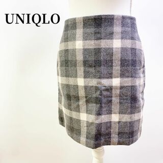 ユニクロ(UNIQLO)のUNIQLOユニクロチェック柄ウールタイトミニスカートグレー格子ブラック(ミニスカート)