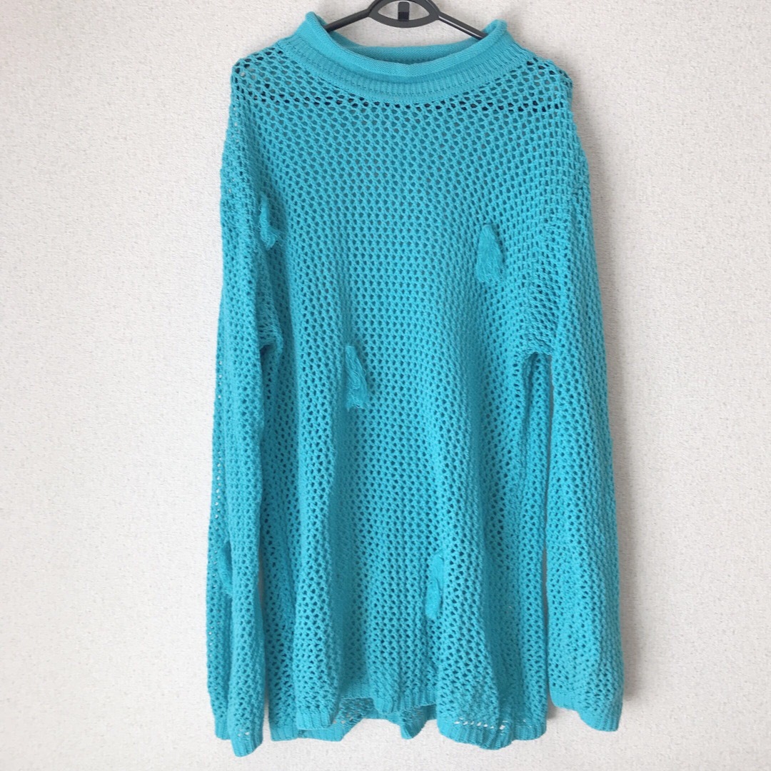 vintage メッシュ ニット ターコイズブルー 青 長袖 日本製の通販 by