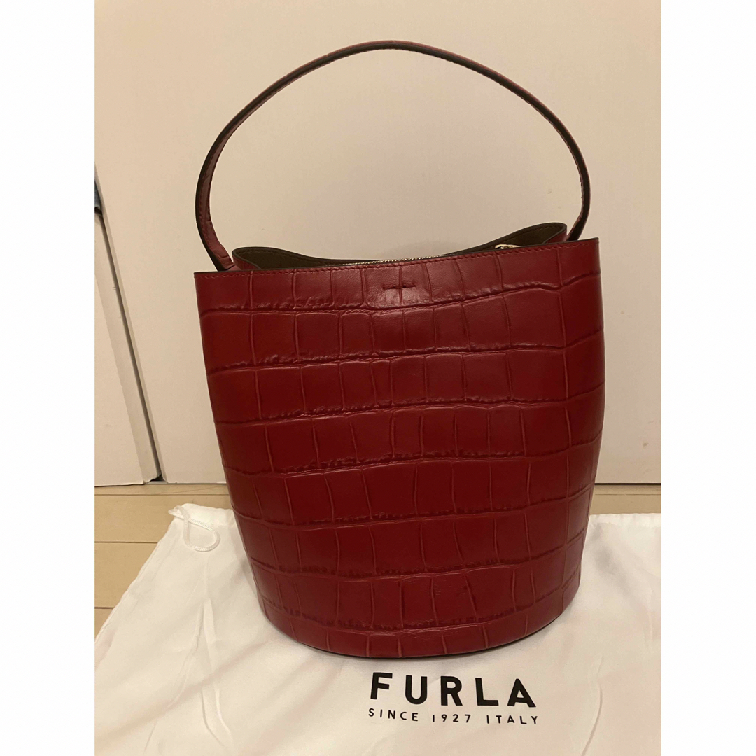 美品★ FURLA フルラ クロコダイル型押しレザー ハンドバッグ ショルダー