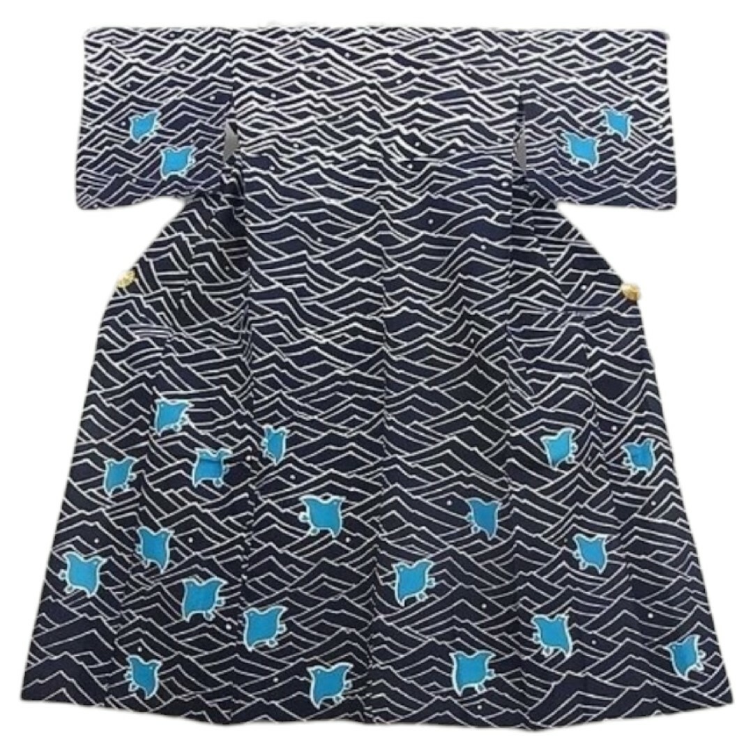 浴衣Mサイズ身丈152裄丈65.5注染ブルー水色藍染波に千鳥綿コーマ珍しい柄行きたもとの浴衣単品夏物単品