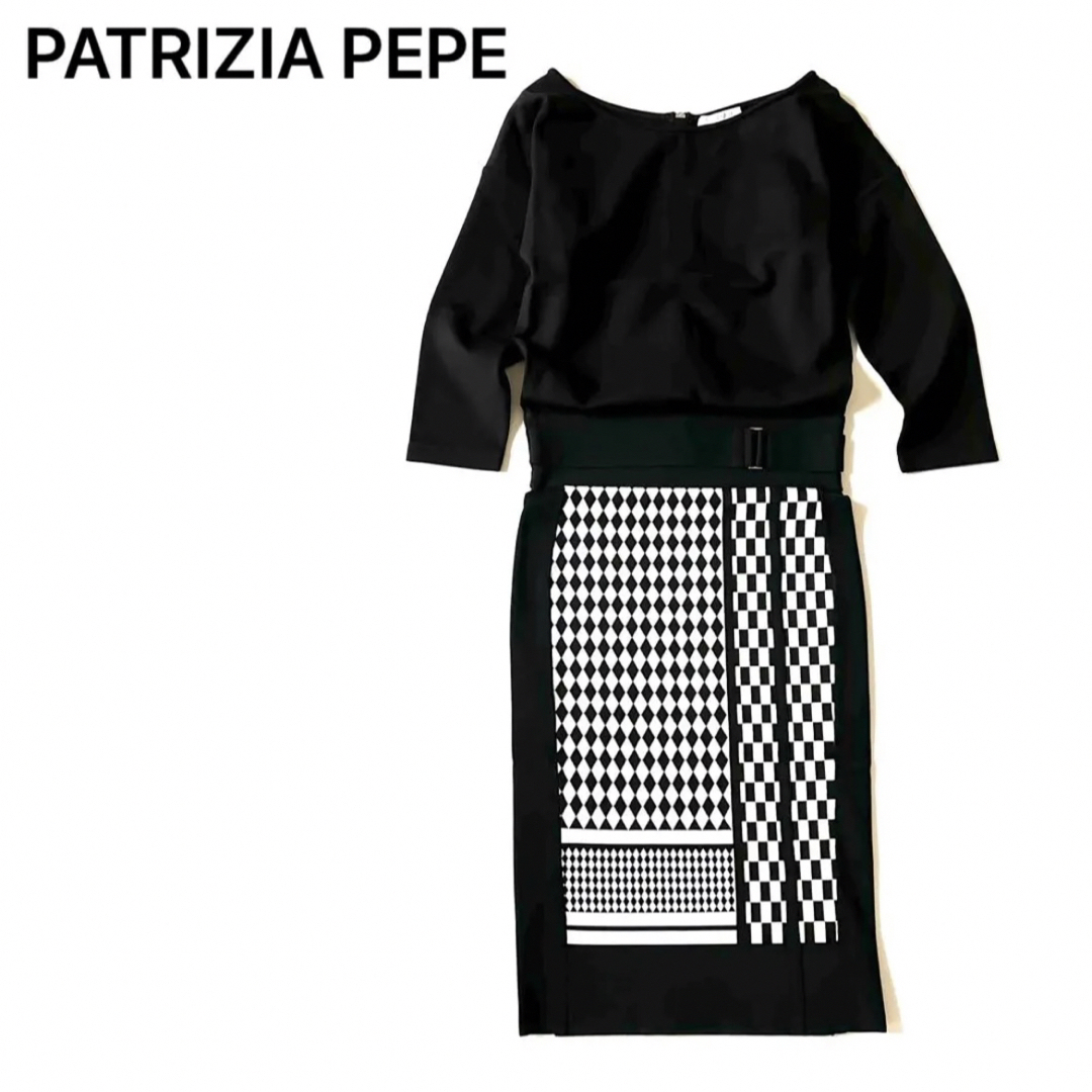 新品✨PATRIZIA PEPE ワンピース モノトーン 白黒 七分袖 膝丈 S ...