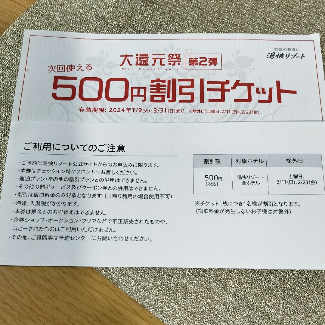 500円割引×3枚　湯快リゾート　クーポン　全ホテル対象　※2024年以降 チケットの優待券/割引券(その他)の商品写真