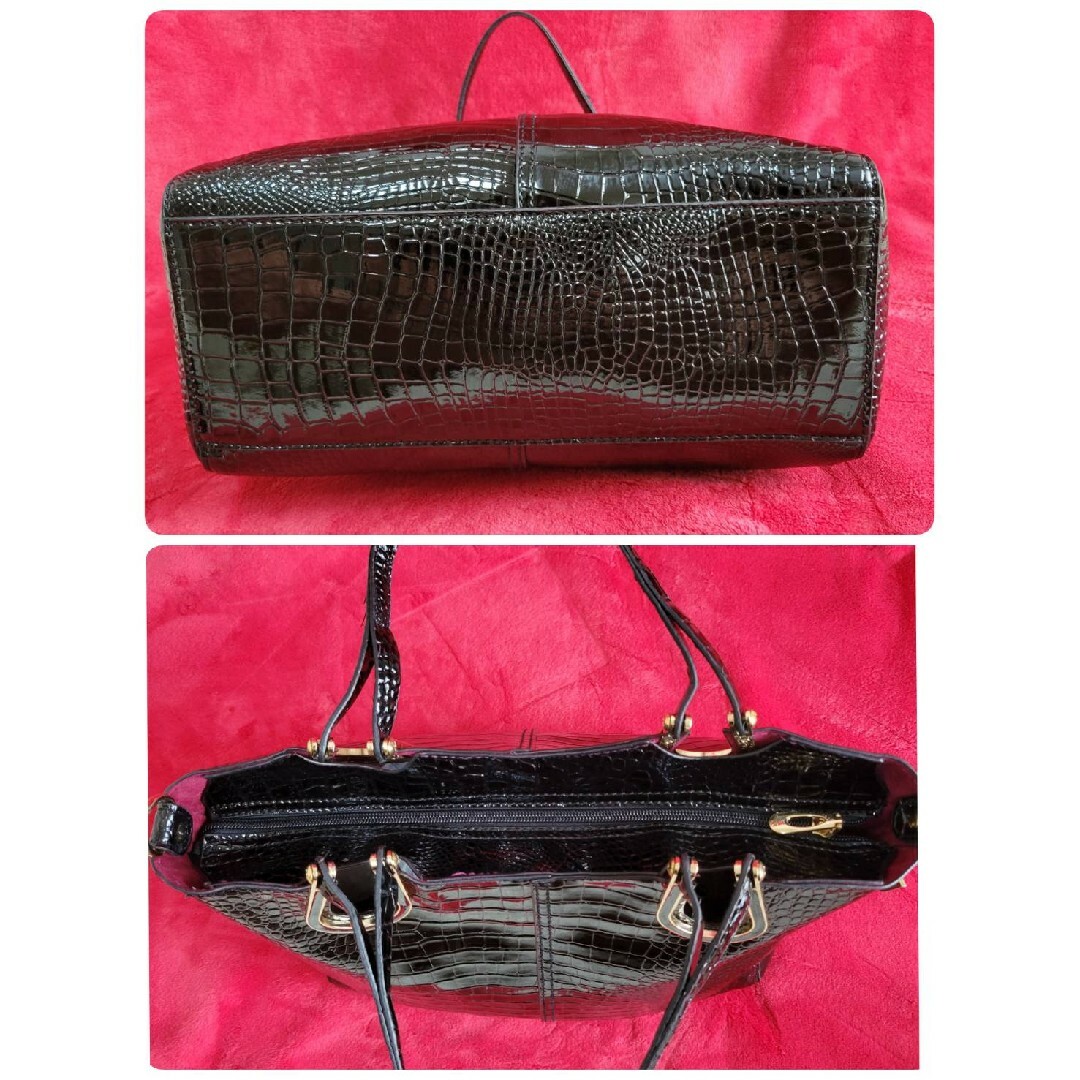 美品】シャイニングクロコダイル ショルダーバッグ クラッチバッグ付き 黒-