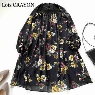 ロイスクレヨン(Lois CRAYON)の美品❋ロイスクレヨン✨ピックフラワー シフォン切替ワンピース 花柄 ブラック M(ひざ丈ワンピース)