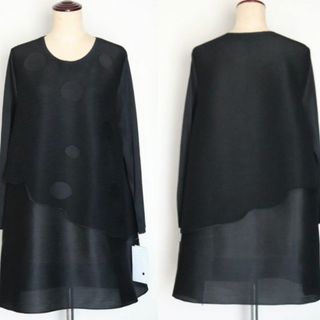 新品【T-PLEATS】ふんわり軽い チュールドット柄 ロングチュニック 黒 L(チュニック)