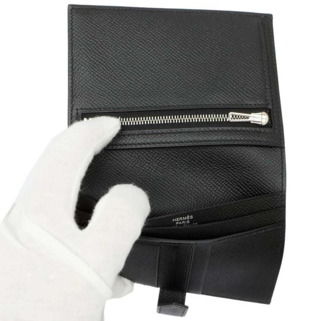 エルメス 二つ折り財布 ベアンコンパクト ブラック/シルバー金具 ヴォーエプソン U刻印 財布 黒