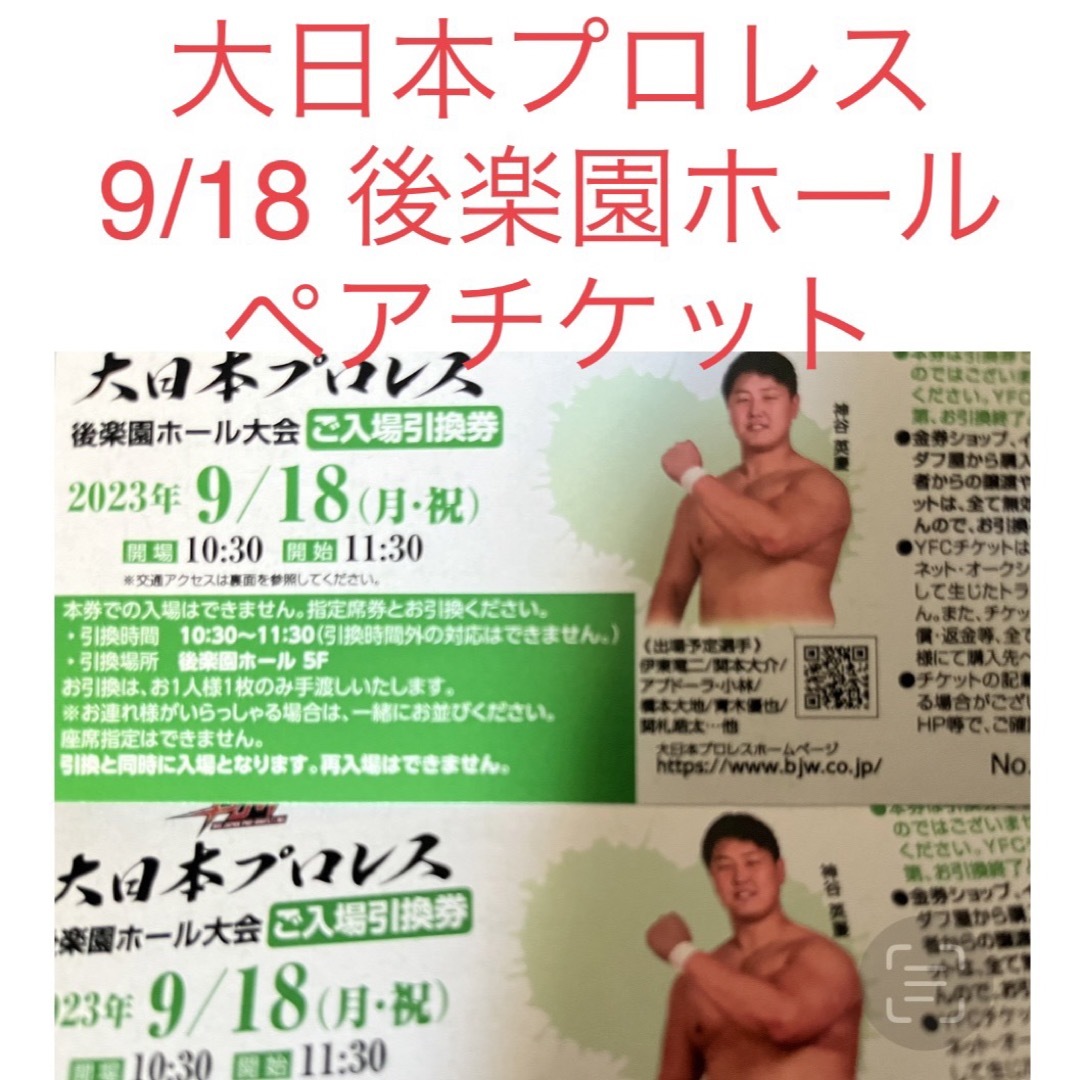 大日本プロレス チケット 後楽園ホール 9/10土 2枚セット ペアチケット チケットのスポーツ(格闘技/プロレス)の商品写真