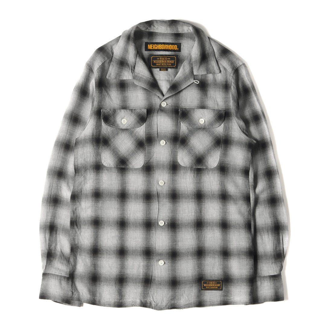 NEIGHBORHOOD ネイバーフッド シャツ サイズ:S オンブレチェック オープンカラー レーヨン 長袖 シャツ B&C / R-SHIRTS. LS ブラック グレー トップス カジュアルシャツ 【メンズ】