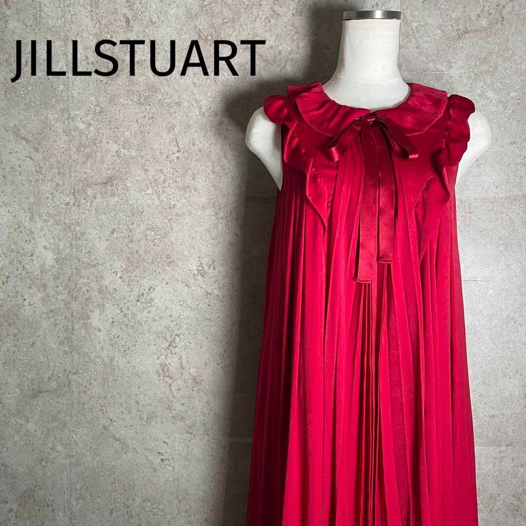 JILLSTUART(ジルスチュアート)の日本製 ジルスチュアート 膝丈プリーツワンピース リボン フリル 赤 レディースのワンピース(ひざ丈ワンピース)の商品写真