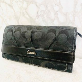 コーチ(COACH)のコーチ　長財布　シグネチャー　本革 レザー エナメル　ブラック　三つ折り(財布)