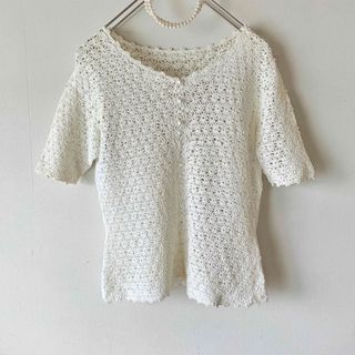 美品 白 レース 鍵編み サマーニット オフホワイト(カットソー(半袖/袖なし))