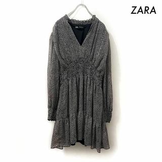 ザラ(ZARA)のZARA ザラ★レオパード柄 長袖ワンピース Vネック ブラック 黒(ひざ丈ワンピース)