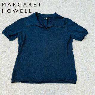 マーガレットハウエル(MARGARET HOWELL)の美品　マーガレットハウエル　コットン　ニット　ポロシャツ　ネイビー(ポロシャツ)