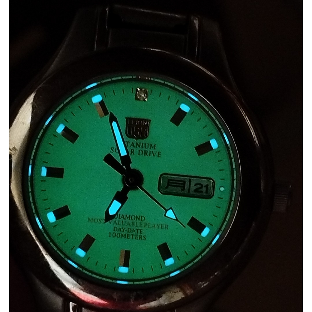 ELGIN(エルジン)のAA48　エルジン・ダイヤモンド　チタン・ソーラー　稼働品　曜日・日付　全面蓄光 レディースのファッション小物(腕時計)の商品写真