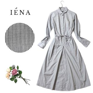 イエナ(IENA)の極良品 IENA 長袖 ワンピース ストライプ グレー 春 初夏 初秋 襟(ロングワンピース/マキシワンピース)