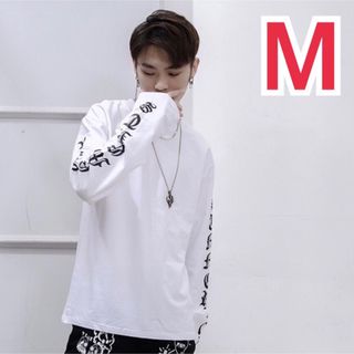 ロンT スケボー ダンス オルチャン 衣装 ストリート 黒 オレンジ 白 M(Tシャツ/カットソー(七分/長袖))