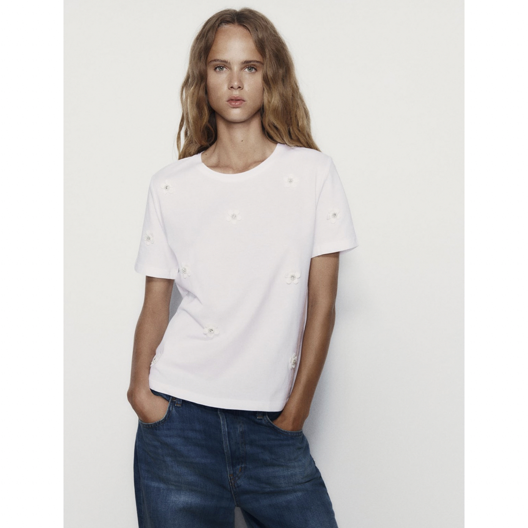 オンライン完売品 ZARA フラワーコットンTシャツ S