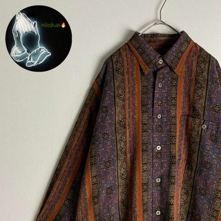 長袖シャツ 総柄 柄シャツ ストライプ レトロ感 紫 オレンジ 黒 古着