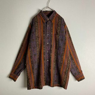 長袖シャツ 総柄 柄シャツ ストライプ レトロ感 紫 オレンジ 黒 古着