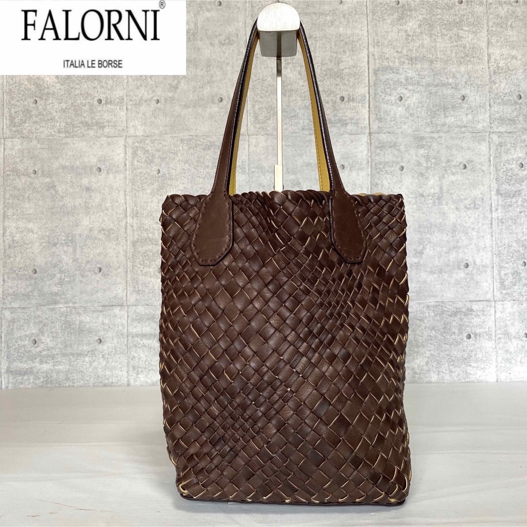 極美品】FALORNI イントレチャート ダークブラウン×イエロートート