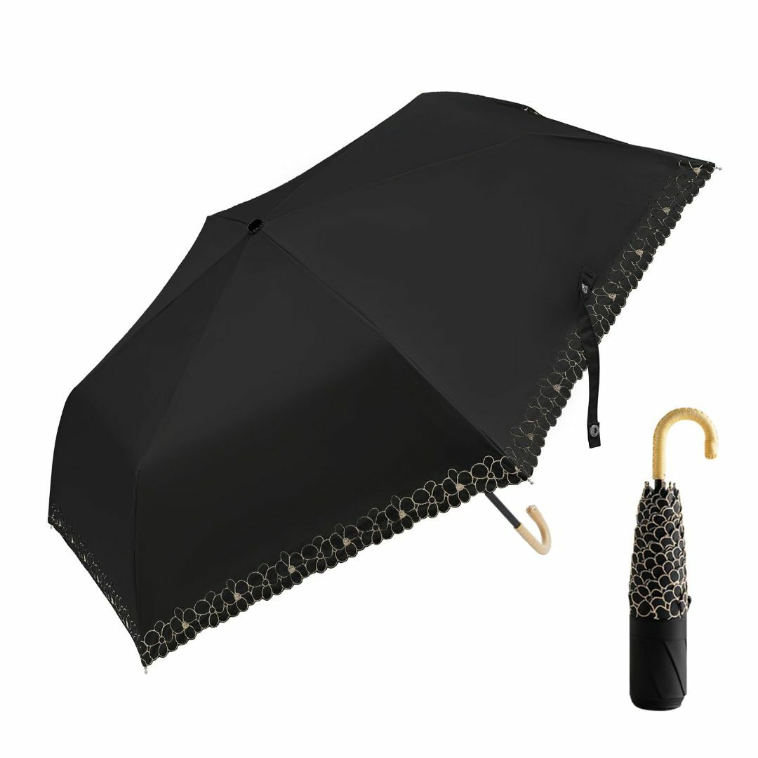 【色: 花柄ーブラック＆籘巻ハンドル】BISON DENIM 日傘 折りたたみ傘 レディースのファッション小物(その他)の商品写真