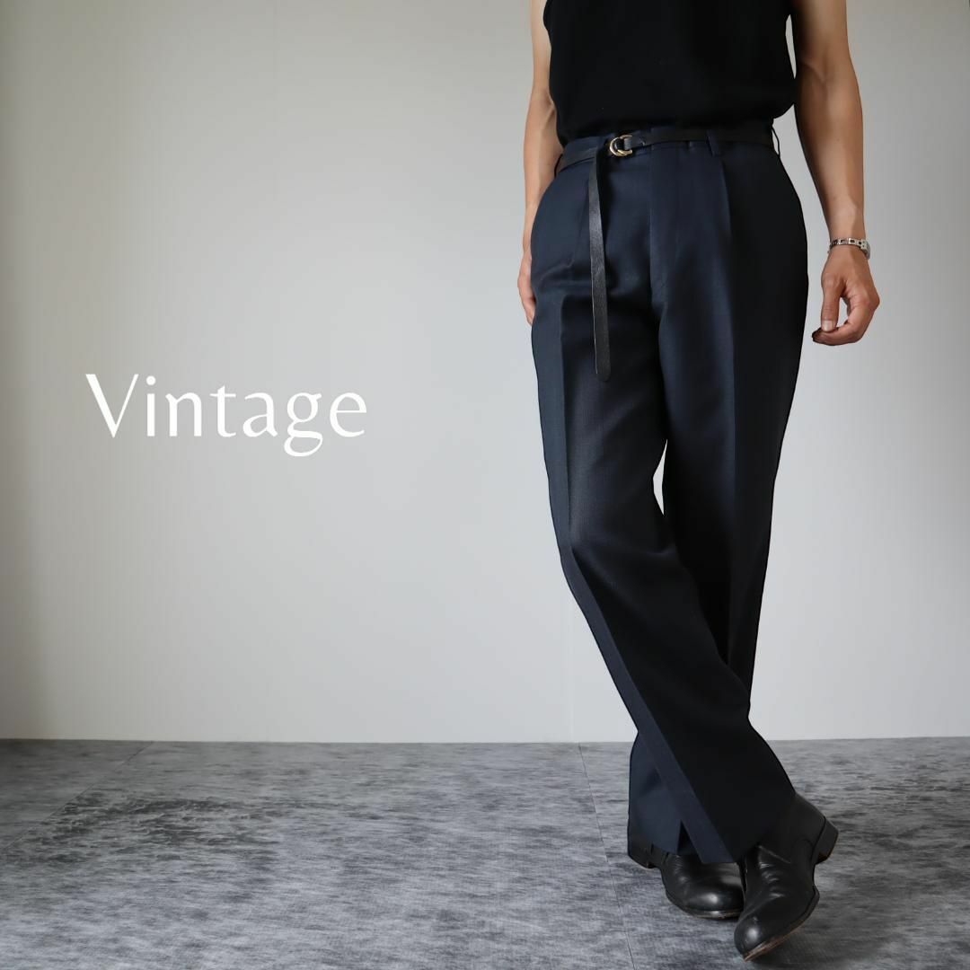 arieスラックス✿【vintage】1タック ウール ストライプ レトロ スラックス 濃紺 W31