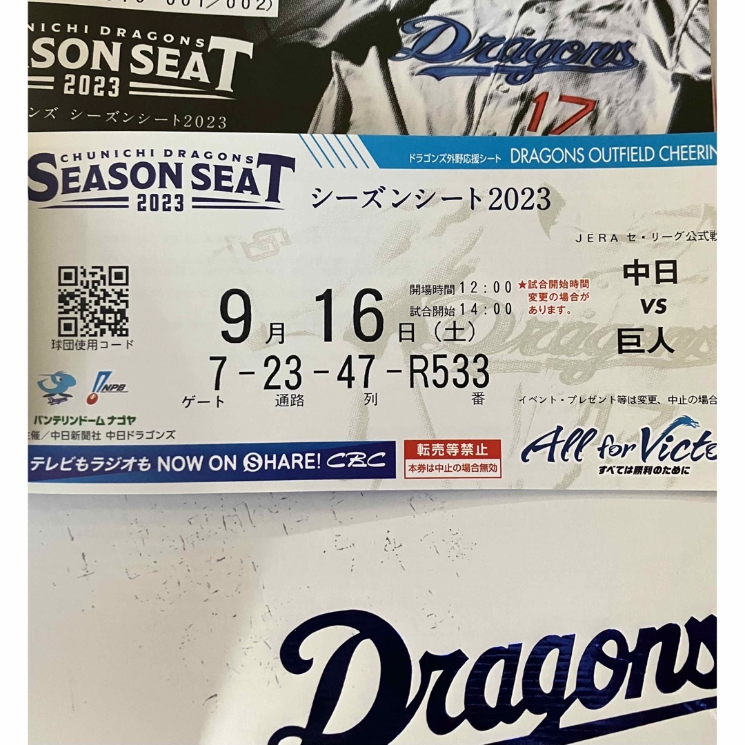 中日ドラゴンズ(チュウニチドラゴンズ)の送料込9月16日(土)中日対巨人戦 バンテリンドーム　ドラゴンズ外野応援席ペア チケットのスポーツ(野球)の商品写真