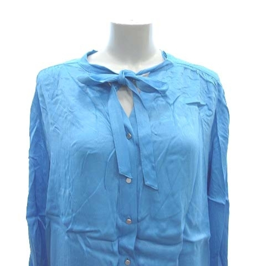 ZARA(ザラ)のザラ スキッパーカラーシャツ ブラウス 長袖 サテン リボン XS 青 ■MO レディースのトップス(シャツ/ブラウス(長袖/七分))の商品写真