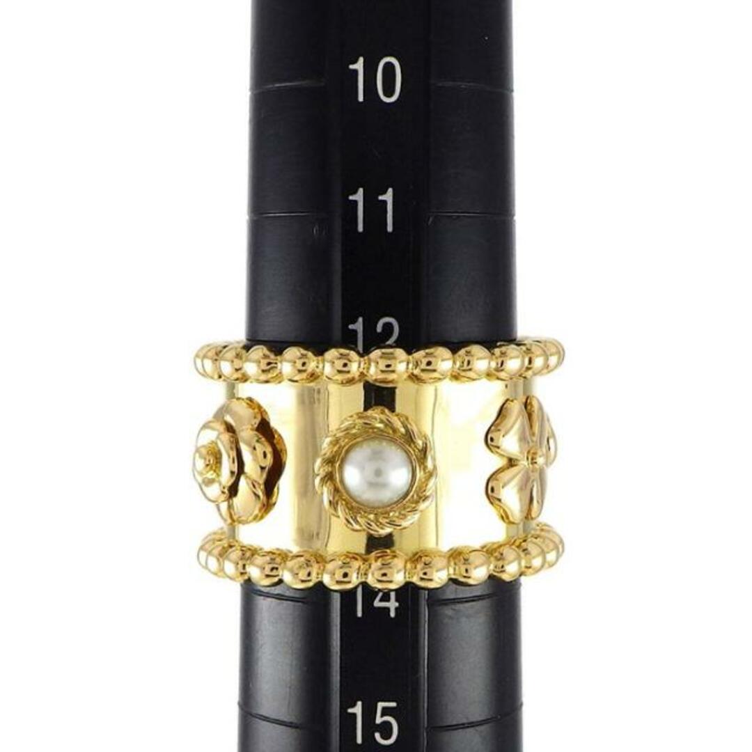 シャネル CHANEL リング スリーシンボル ワイド 6モチーフ カメリア クローバー ゴールドビーズ エッジ 2ポイント パール 4mm珠 K18YG 13号 【中古】