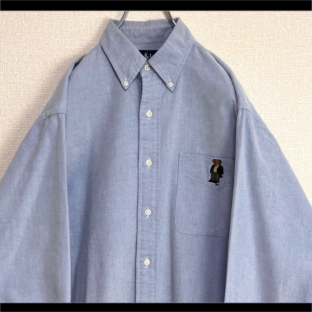 ラルフローレン ボタンダウンシャツ 長袖 ブルー ポロベア 胸ポケット付 M