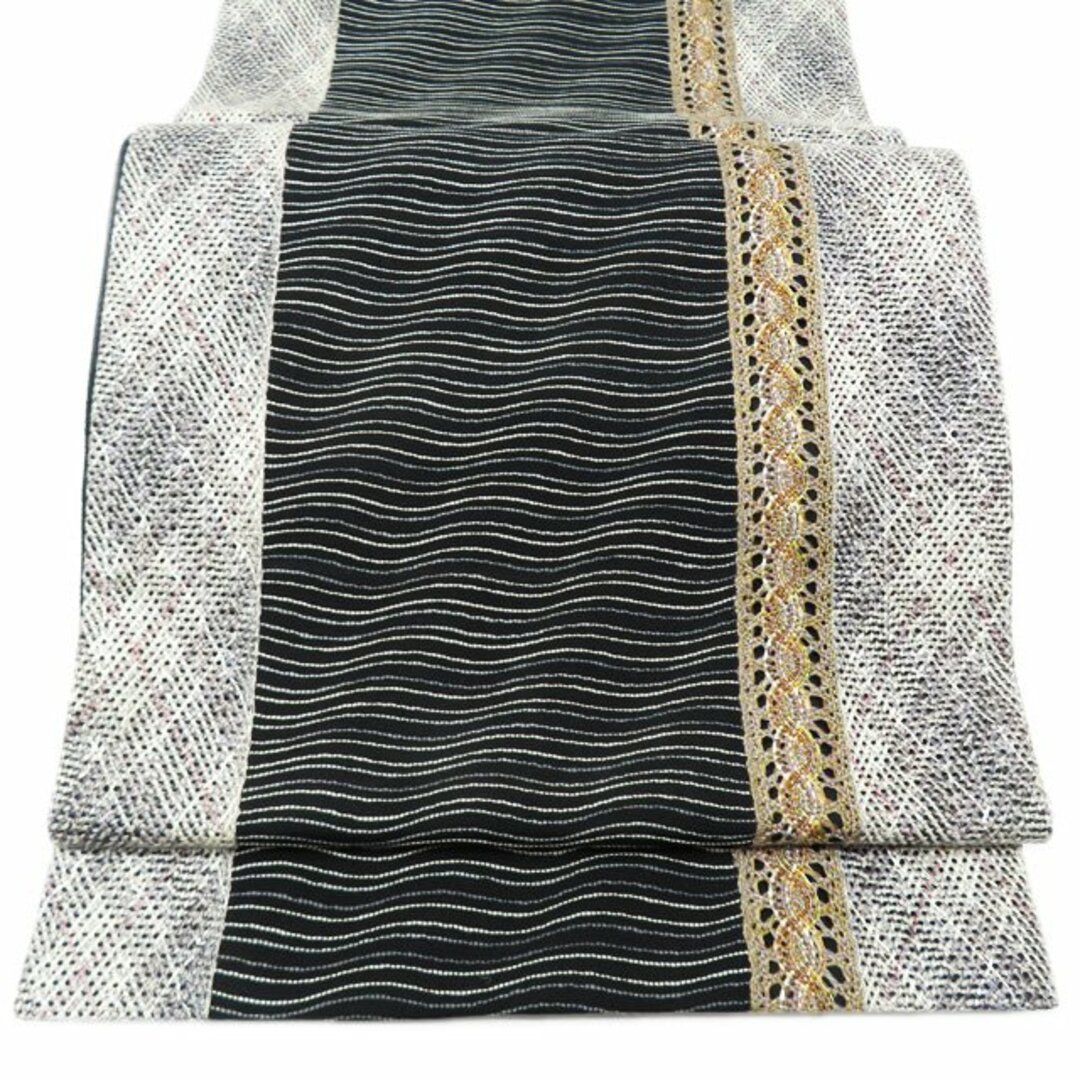 袋帯  リサイクル 正絹 カジュアル 仕立て上がり 全通 組紐織 黒色 多色 金銀 きもの北條 A911-4