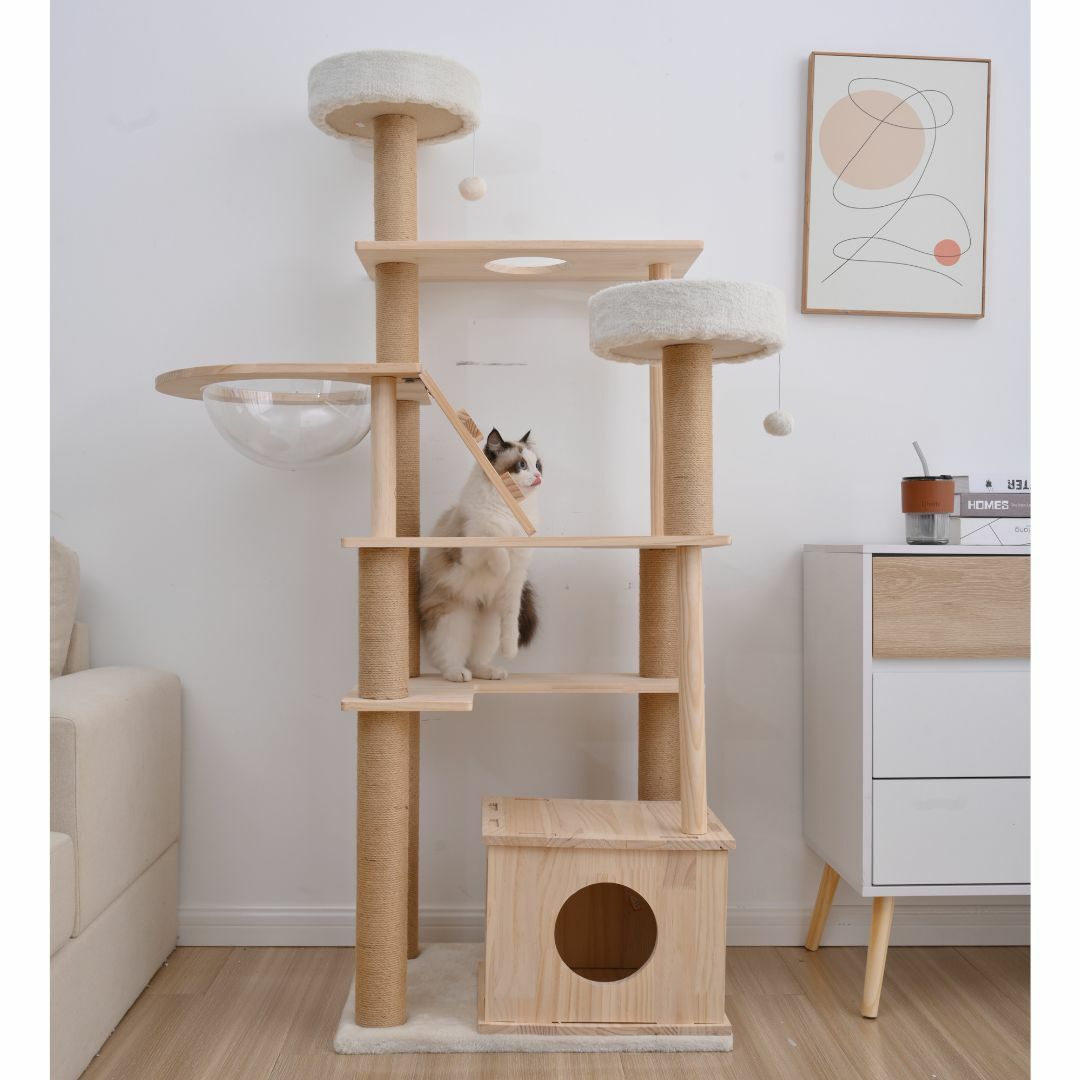 キャットタワー 猫タワー 天然木製 宇宙船付き 麻紐支柱 爪とぎ おもちゃ付き猫