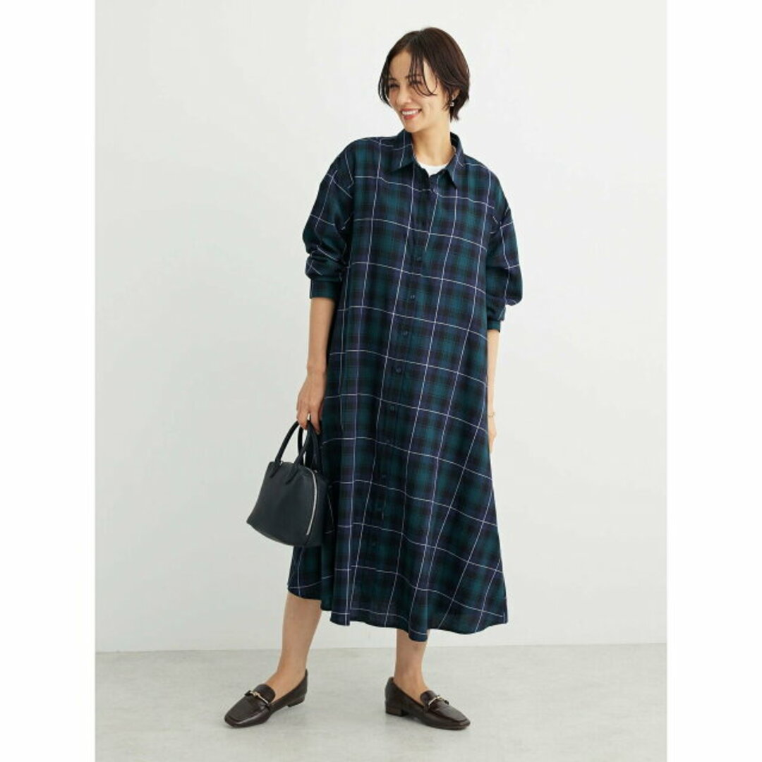 【グリーン】ビエラチェックシャツワンピース 23AW/長袖