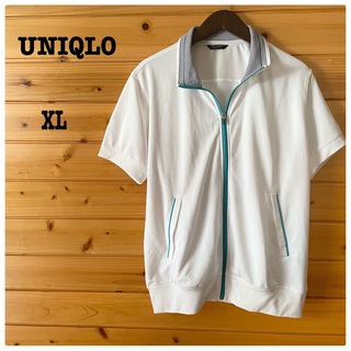 ユニクロ(UNIQLO)の美品 UNIQLO リブ半袖ウェア 羽織 フルジップ 白/緑系ポイントXL(トレーナー/スウェット)