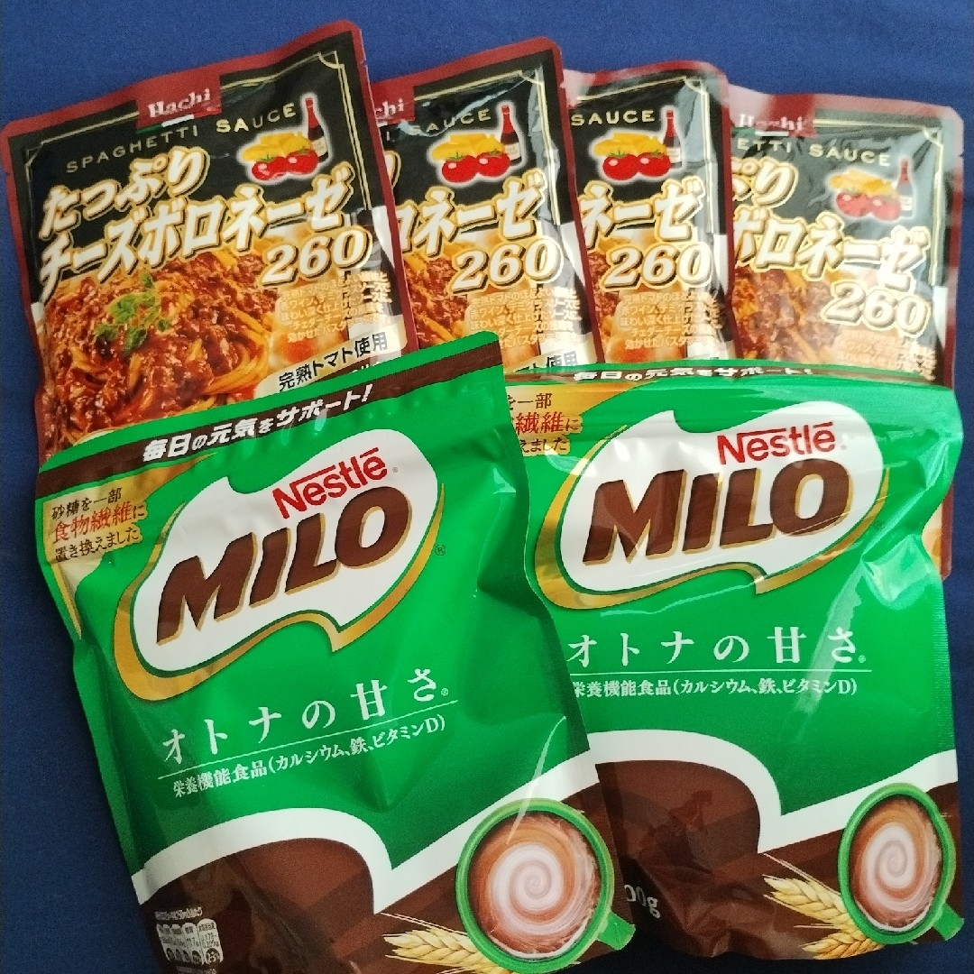 Nestle(ネスレ)のネスレミロ2袋、ハチパスタソースたっぷりチーズボロネーゼ４袋 食品/飲料/酒の加工食品(レトルト食品)の商品写真