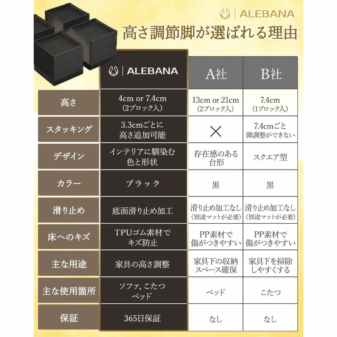 【色: ブラック】ALEBANA 高さ調整 机 こたつ 継ぎ足し テーブル 高さ 2